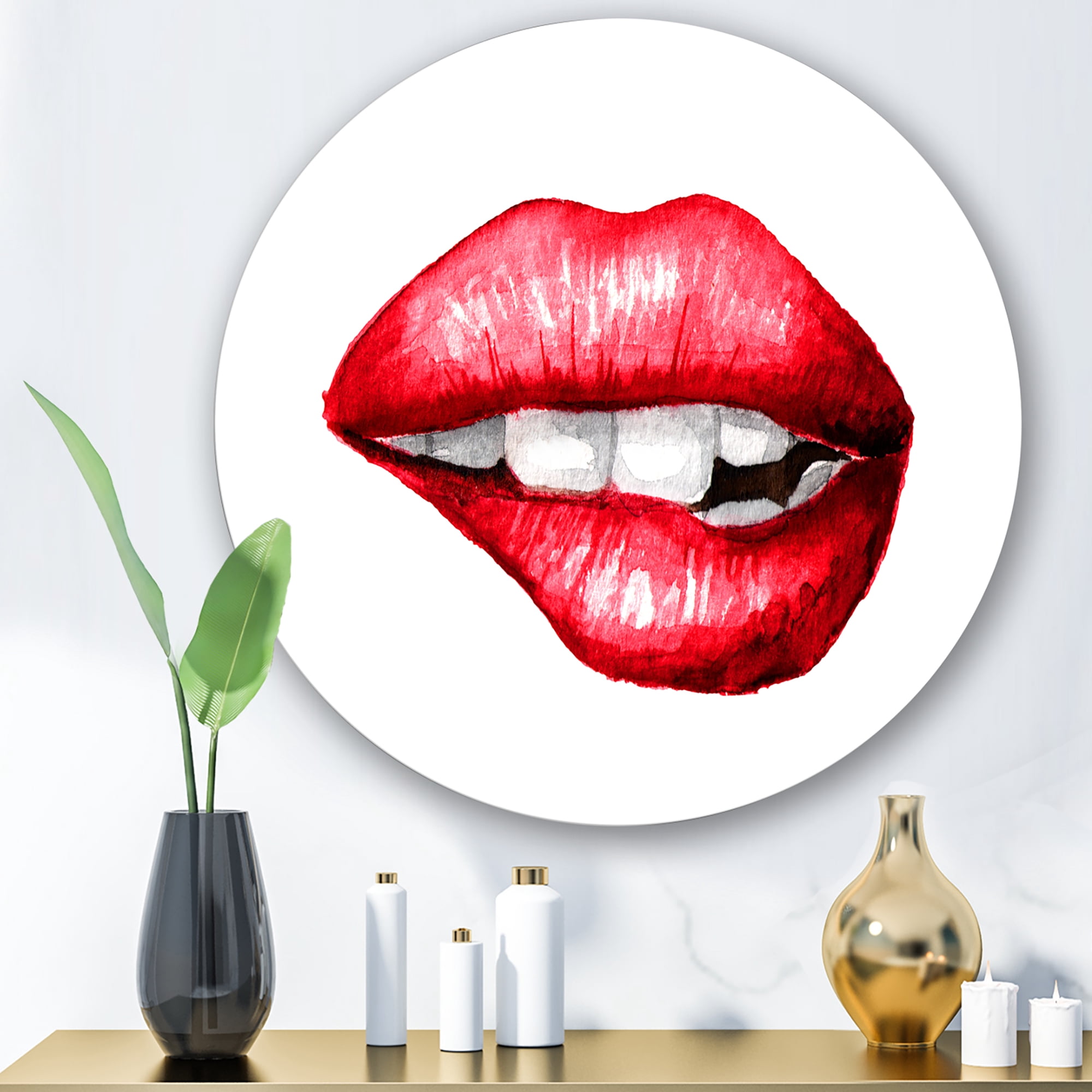 Designart 'Sexy Plump Puffy Girl Lips Biting' Modern Circle Metal Wall Art 11x11 - Disc of 11
