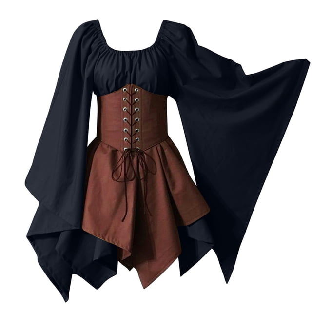 UANWENN Robe Chemise Irlandaise à Manches Trompette pour Femmes avec Corset Robe Traditionnelle Halloween Femmes Robe Rétro Gothique Manches Longues Robe Décontractée Longue pour Femmes Robes d'Hiver Mignonnes