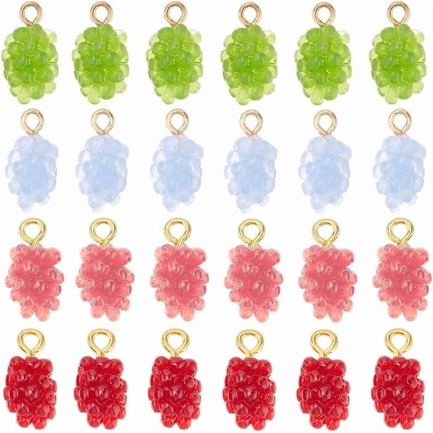 24 colgantes de resina de uva en 4 colores, dijes de frutas de resina, dijes de uva frambuesa 3D, cuentas colgantes con forma de fruta con lazo