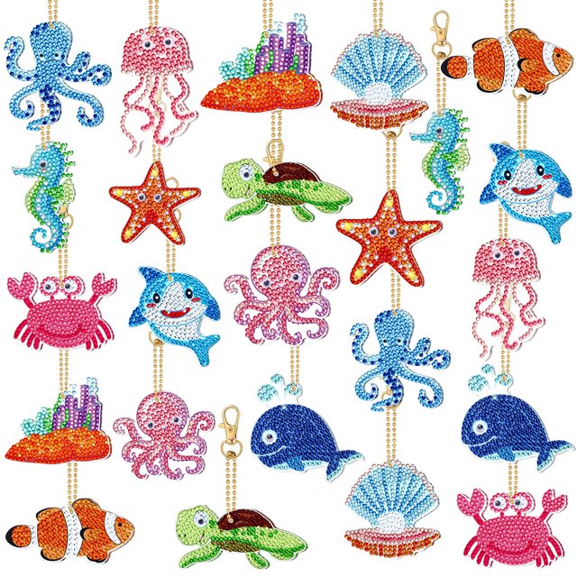 Kit de llaveros Karenhi con pintura de diamantes, 24 unidades, animales marinos, 7 x 5 cm