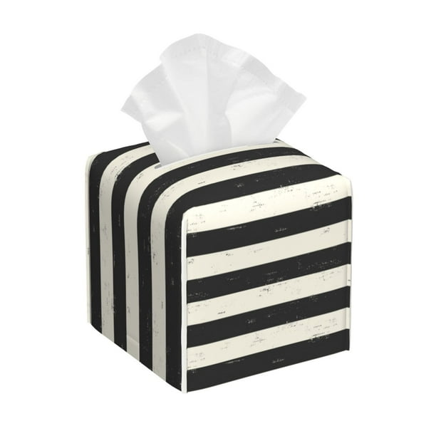 Fotbe Black And White Thick Stripes Porta Pañuelos Decorativo de Cuero, Caja Cuadrada Moderna para Pañuelos Faciales, Organizador y Dispensador 5x5x5''