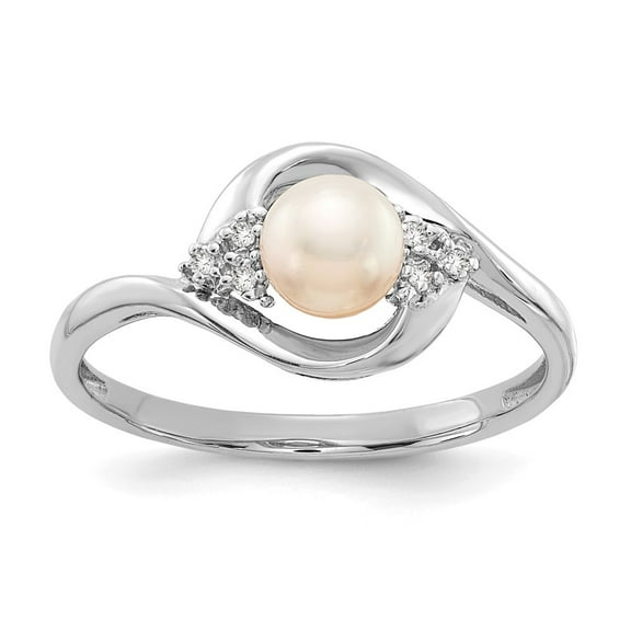 14K White Gold Ring Band Pearl (06) June Freshwater Round Diamond