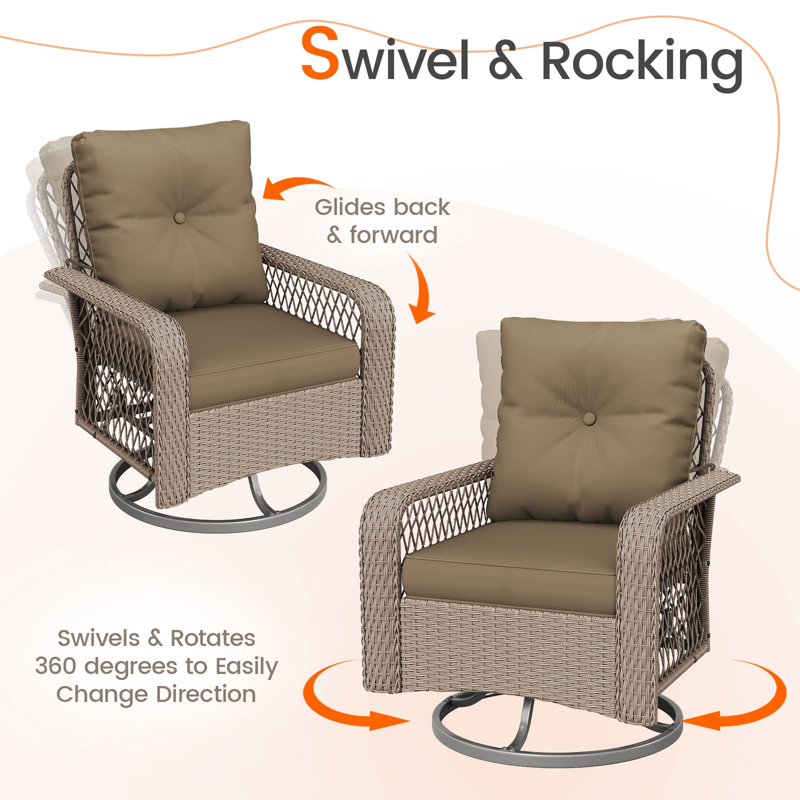 MRUAKA 3 Pieces Patio Furniture Set, Outdoor Swivel Gliders Rocker, Wicker Patio Bistro Set w Rattan Rocking Chair, Glass Top Side Table Thickened Cushions for Porch Deck Backyard (Khaki)