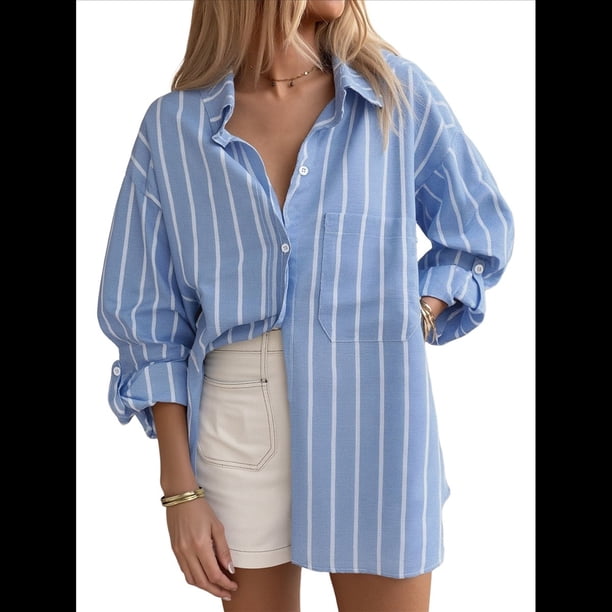 Camisas de Rayas de Gran Tamaño con Botones y Cuello para Mujer Blusas de Larga con Cuello Chaquetas para Mujer Azul L
