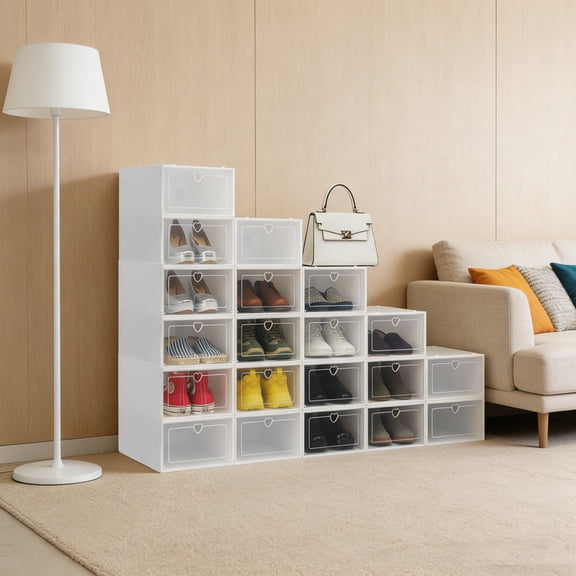 20 Pack Shoe Storage Boxes, Clear Plastic Stackable Foldable Shoe Organizer Bins, Drawer Type Front Opening Shoe Sneaker Holder Containers