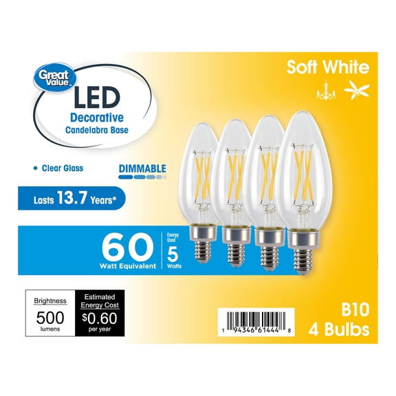 Great Value LED Light Bulb, 5W (60 Watts Equivalent), B10 Deco Lamp, E12 Candelabra Base, Dimmable, Soft White, 13yr, 4 Pack