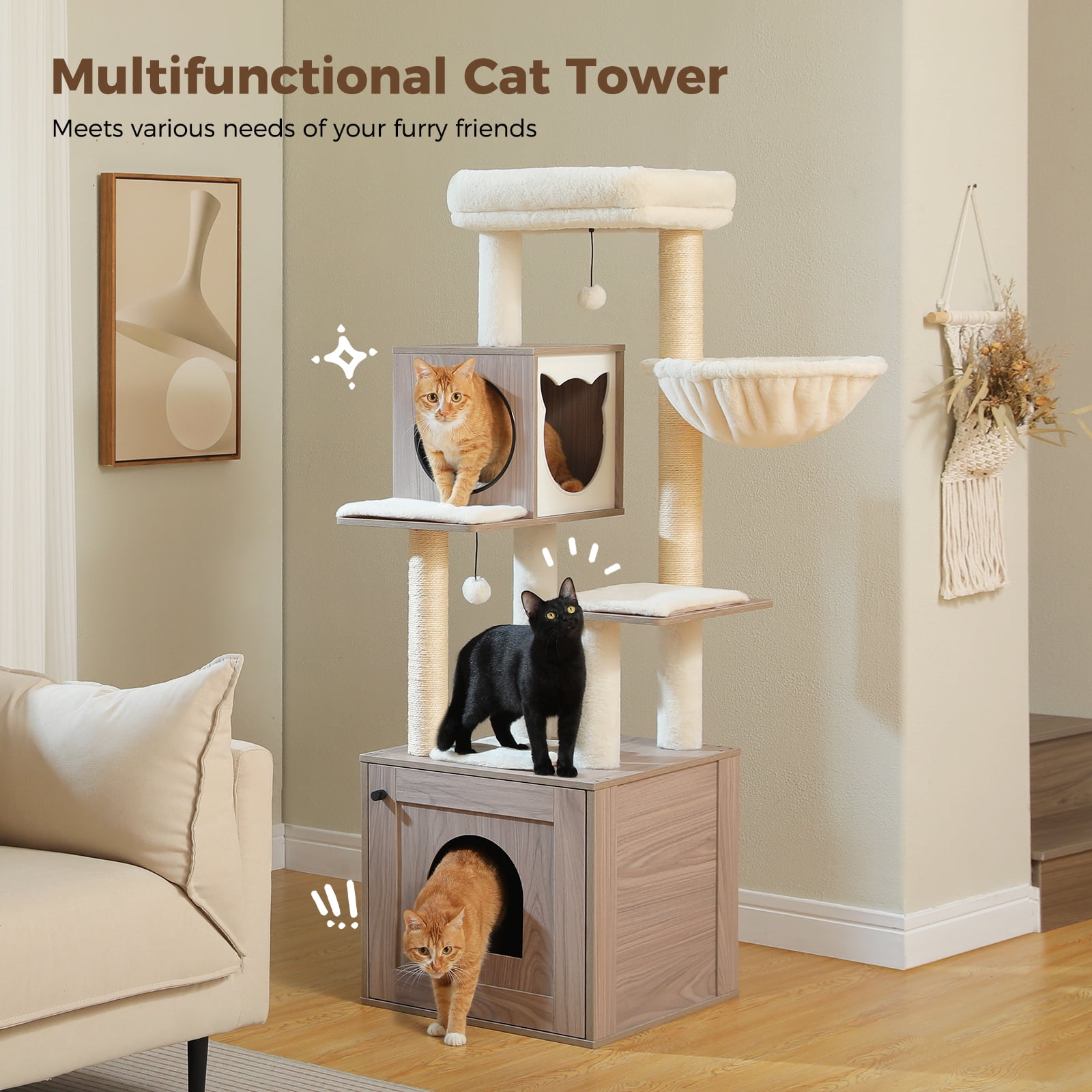 PEQULTI 57.5" Wood Cat Tree with Litter Box Large Cat Tower Indoor with Sisal Scratching Post Gray
