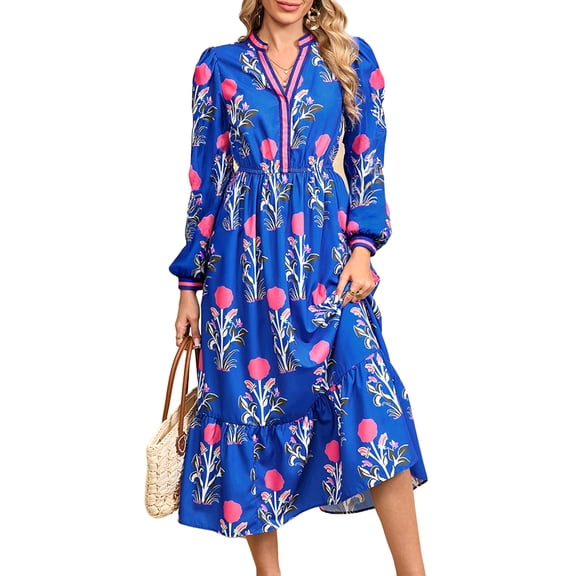 Women's Blue Floral Print Midi Dress with Striped Trim and Ruffle Hem - [ZhiHiMeRi] | L