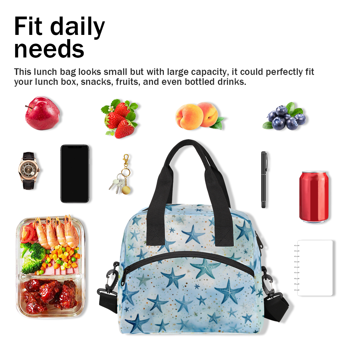Herdesigns Blue Starfish Insulated Lunch Bag for Women Men Adults Large Reusable Lunch Box Leakproof Portable Cooler Tote Bags with Adjustable Shoulder Strap