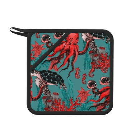 

1 Pc Silicone Anti-Hot Hot Pads Oven Mitts Heat Resistant Pot Holders With Pockets Non Slip Oven Glove Potholder For Kitchen Cooking Bbq Baking 7.1in Watercolor Pattern Turtle Fish Seahorses