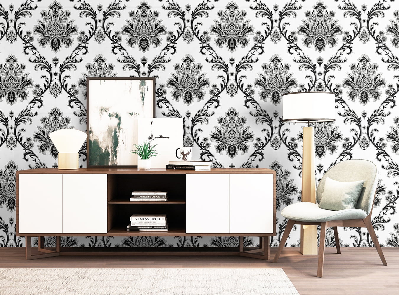 Black/Silver/White/Gray Damask Embossed Textured Thick Wallpaper Roll for Living Room Bedroom Decorative 20.86“ x 32.8'