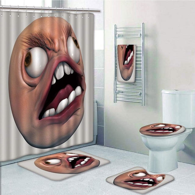EREHome Angry Rage Guy Meme Bad Hair Day Late Work Emotions Ugh Fun Artsy Coral Pearl 5 Piece Bathroom Set Shower Curtain Bath Towel Bath Rug Contour Mat and Toilet Lid Cover