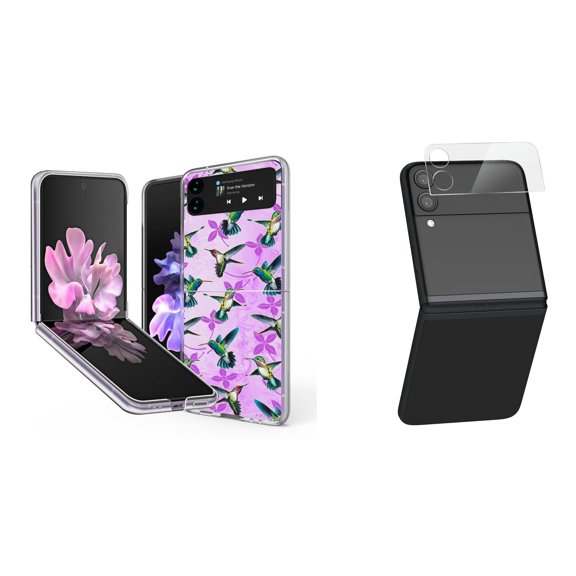 Bemz Premium Bundle for Samsung Galaxy Z Flip 3 5G: Slim Snap-On Protector Case (Lavender Hummingbirds), Rear Camera Glass Protector