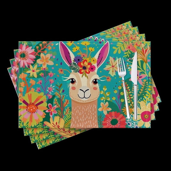 BaHomeck placemats Set of 4 Cute Smiling Llama In The Middle Of Colorful Spring Flowers Cotton Linen rectangle Placemats for Kitchen Dining Table Indoor,Outdoor,18*12inch
