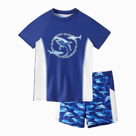 felwors Kids Swim Suits Boys 2 Piece Short Sleeve Boys Swimming Shirt Trunks Rash Guard Bathing Suits(Blue 6-7 Years)