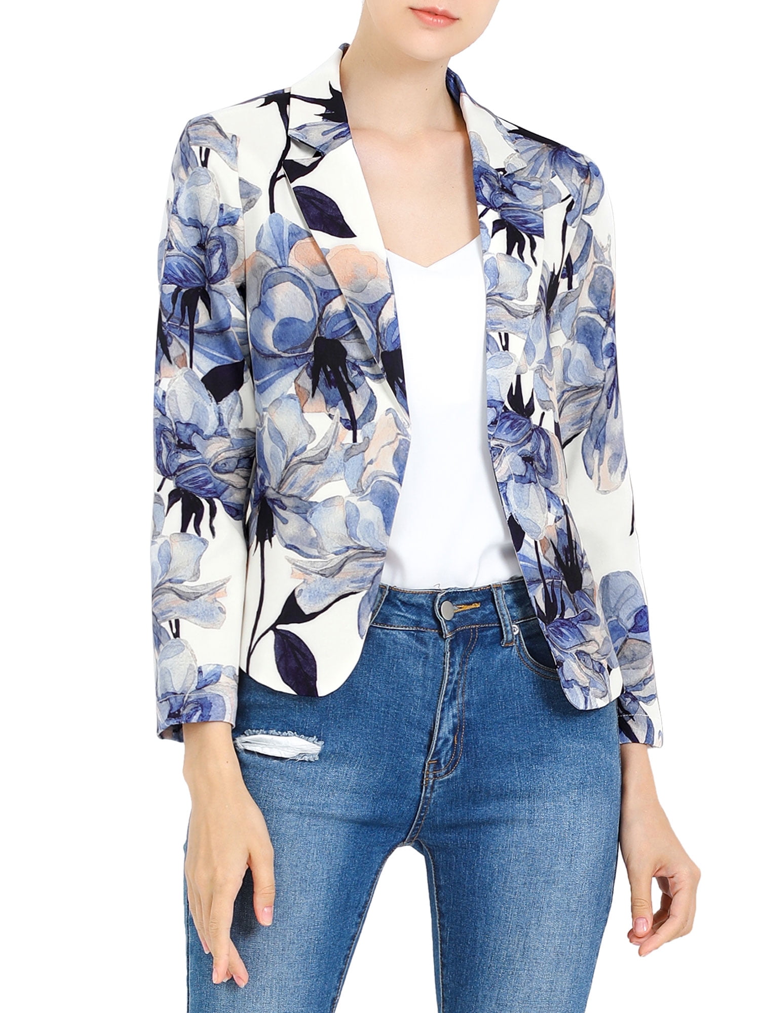 Women's Floral Print Jacket Notched Lapel Open Front Blazer