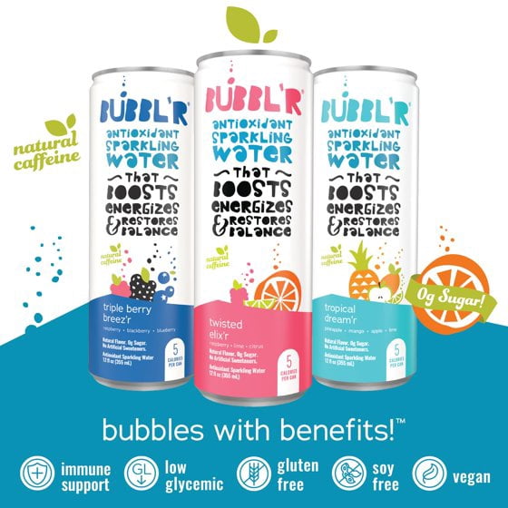 BUBBL'R Sparkling Water Variety Pack, 12 fl oz, Tropical Dream’r, Triple Berry Breez’r, Twisted Elix’r, Refreshing Flavored Sparkling Beverage, 6 Count