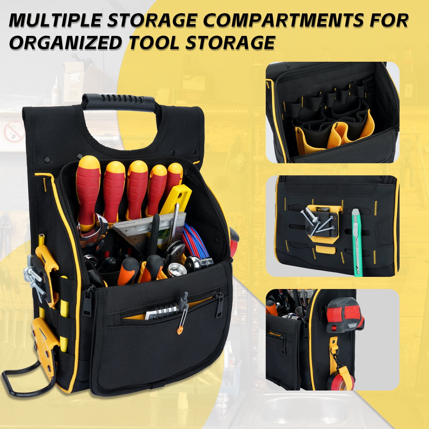 MELOTOUGH Electrician Tool Pouch with Shoulder Strap, Zippered Flip Cover Tool Pouch Bag with Multiple Storage Pockets for Electricians, Technicians, Maintenance