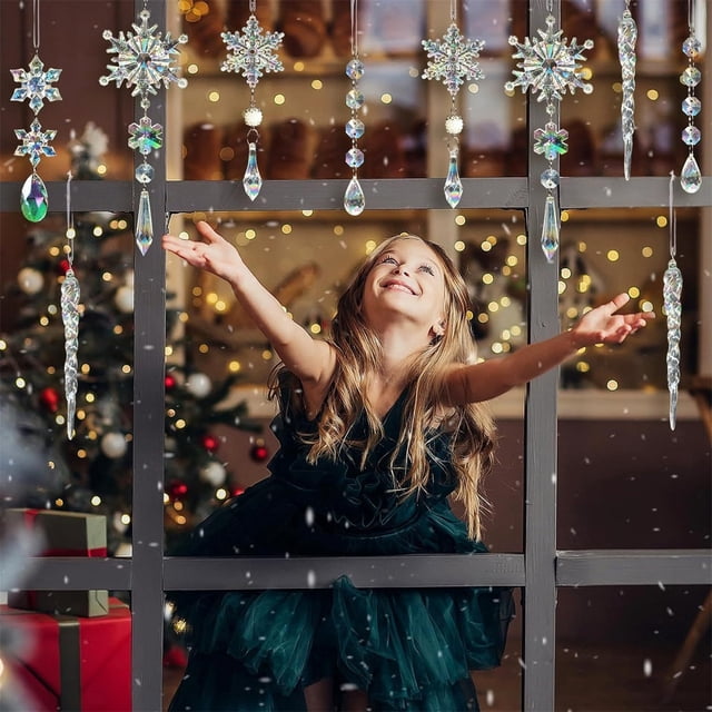 Xihbxyly Adornos de Copos de Nieve de Acrílico Transparente, 5 Diseños Elegantes, Carámbanos de Cristal Transparente, Decoración para Habitaciones y Árboles, Decoración para Fiestas, Manualidades Diy