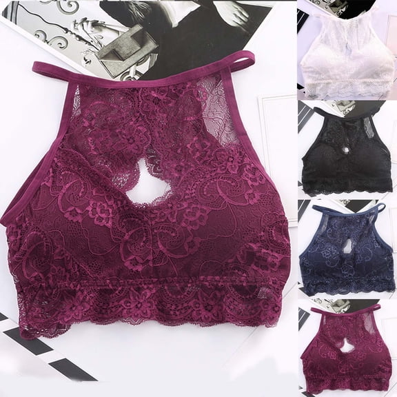 SMihono Trendy High Neck Bralette for Womens Hollow Out Lace Floral Bra Padded Push Up Sexy Crop Top Vest Bra Stretch Workout Bra Black Free Size