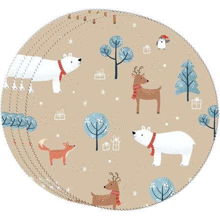 

Tangkunup Place Mat Cute Hand Drawn Animal Bear Deer Winter Christmas New Year Beige Khaki Set of 4 Round for Kitchen Dining Table Mats Placemats Plate Dish Mat Washable