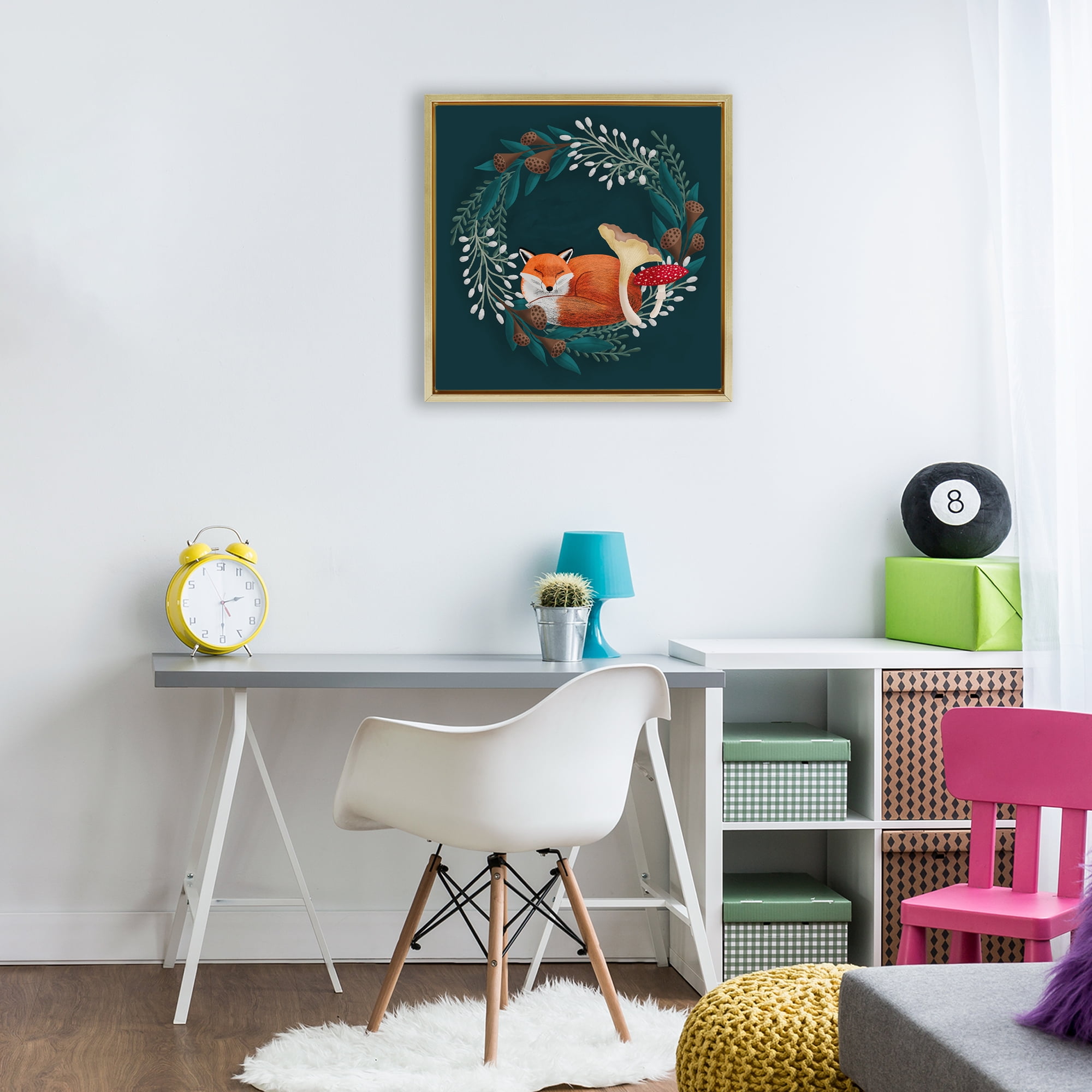 Sleepy Fox in Botanical Wreath Gold Framed Floater Canvas Wall Art, design by Metka Hiti