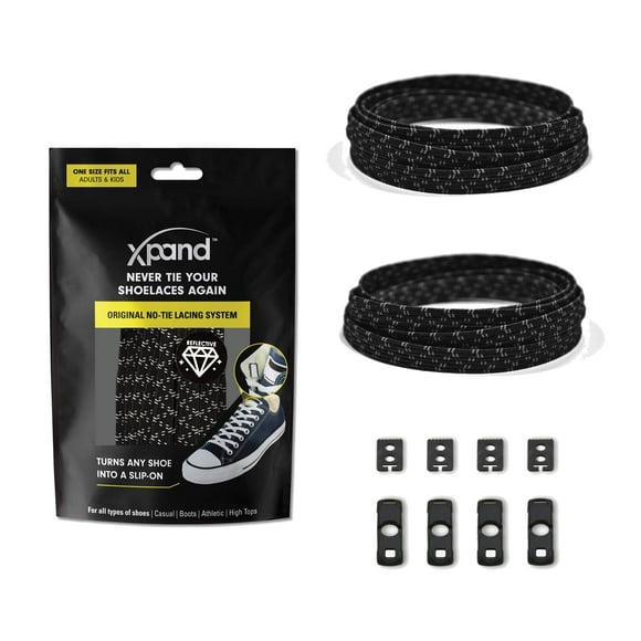 Xpand No Tie Shoelaces System with Elastic Laces - One Size Fits All Adult and Kids Shoes - Black Reflective