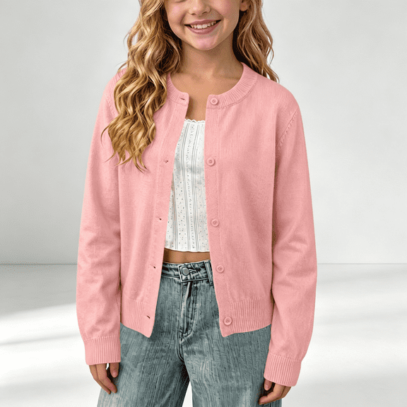 NEBWOAK Little Girls Long Sleeve Cardigan Sweater Versatile Layering Cotton Button Front,Pink,Size 6-7