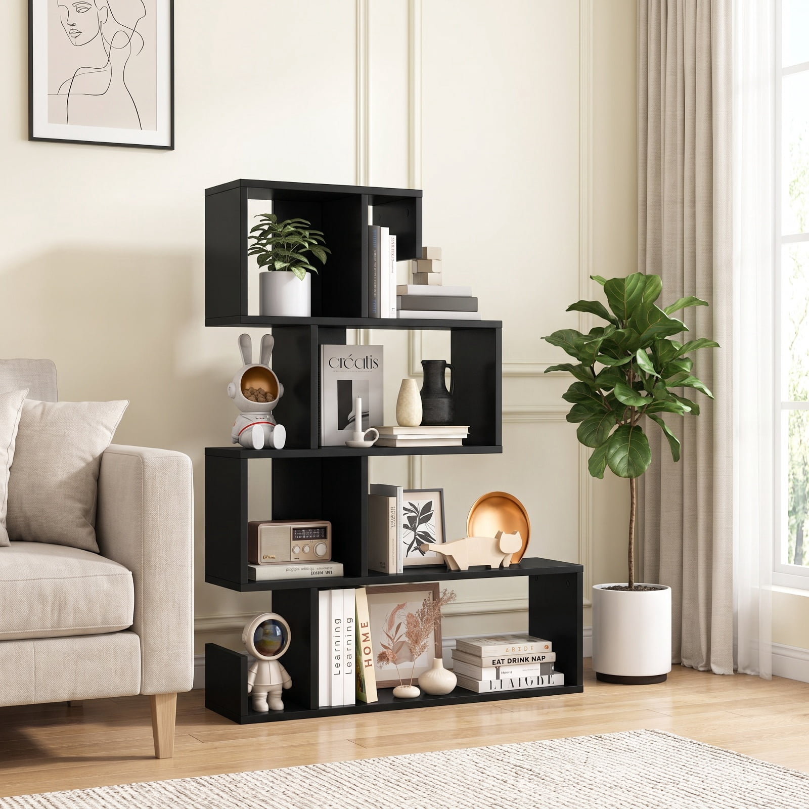Furnibear 5-Tier S-Shaped Bookshelf Geometric Z-Shelf Bookcase with Open Cubes for Living Room Home Office Bedroom Display Storage Shelf, Black