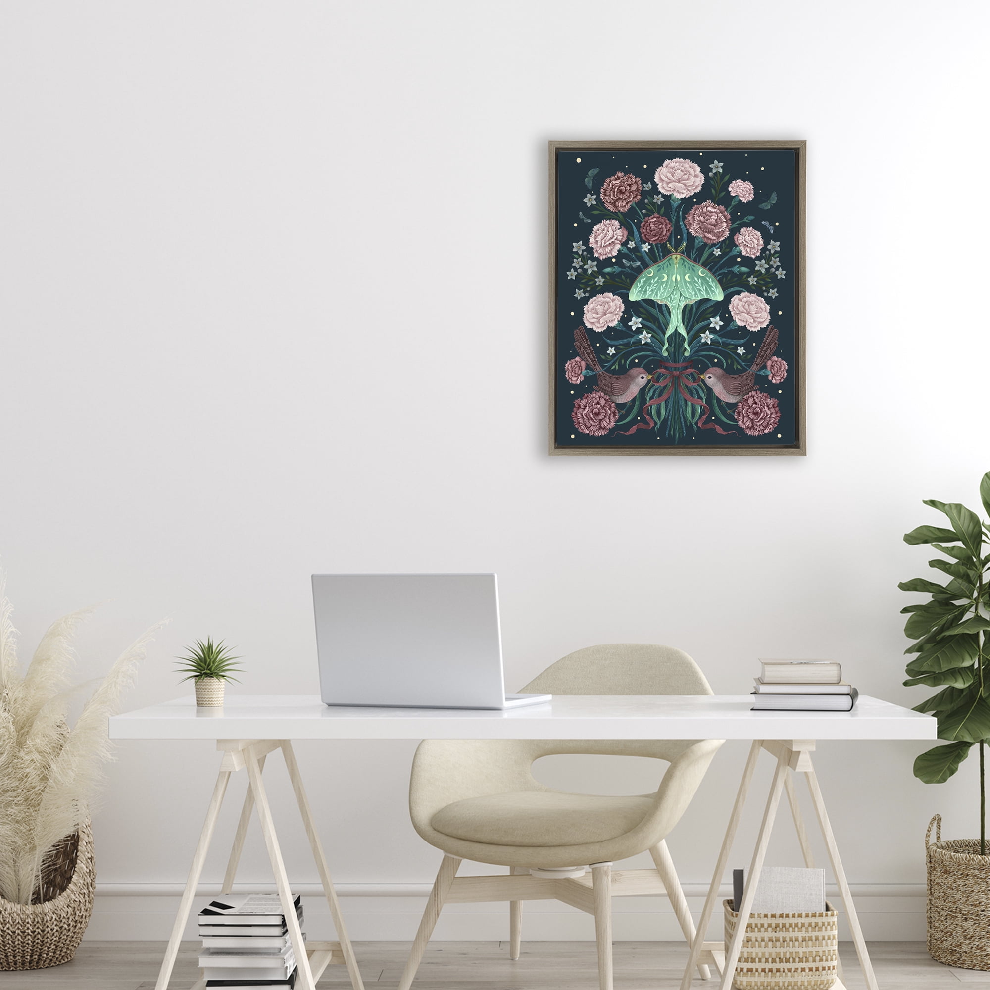 Stupell Industries January Carnations & Moth Brown Framed Floater Canvas Wall Art, design by Episodic Drawings