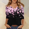 thumbnail image 2 of Women's V-Neck Floral Print 3/4 Sleeve T-Shirt, Cute Casual Blouse with Relaxed Fit for Plus Size Comfort and Stylish Everyday Wear,Pink 5XL, 2 of 5