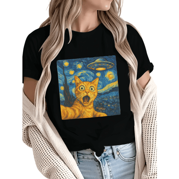 Women Starry Night Cat UFO Graphic Fun Tees Tops Round Neck Cotton T-Shirt Black S-5XL