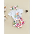 thumbnail image 3 of Seyurigaoka Baby Girl Summer Clothes Set Short Sleeve Round Neck T-Shirt + Colorful Letter Heart Print Shorts + Headband for 0-24 Months Toddler Kids, 3 of 8