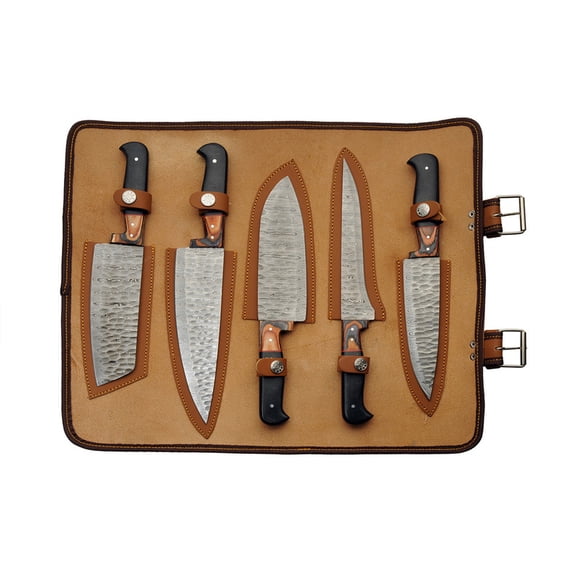 SANZ 5-Piece Kitchen Knife Set, Hammered Damascus Steel Blades with Wood Handles, Full Tang Design, Professional Food Preparation Set