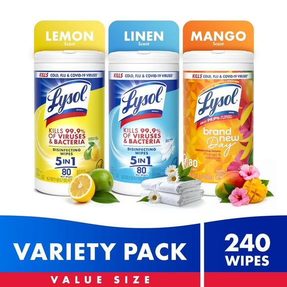 Lysol® Disinfectant Wipes Bundle, Multi-Surface Antibacterial Cleaning Wipes, Assorted Variety Pack, 80 Count Each (Pack of 3)