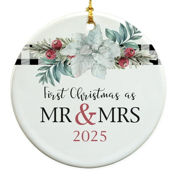 2025 First Christmas As Mr & Mrs Flowers Round Disc Ornament