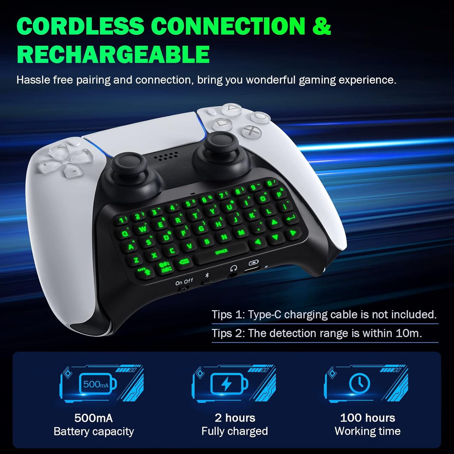 Bluetooth 3.0 Wireless Keyboard With Green Backlight for PS5 Controller,Mini Portable Gamepad Chatpad with Built-in Speaker&3.5MM Audio Jack, Voice Chat Board for Messaging&Gaming Live Chat,Black