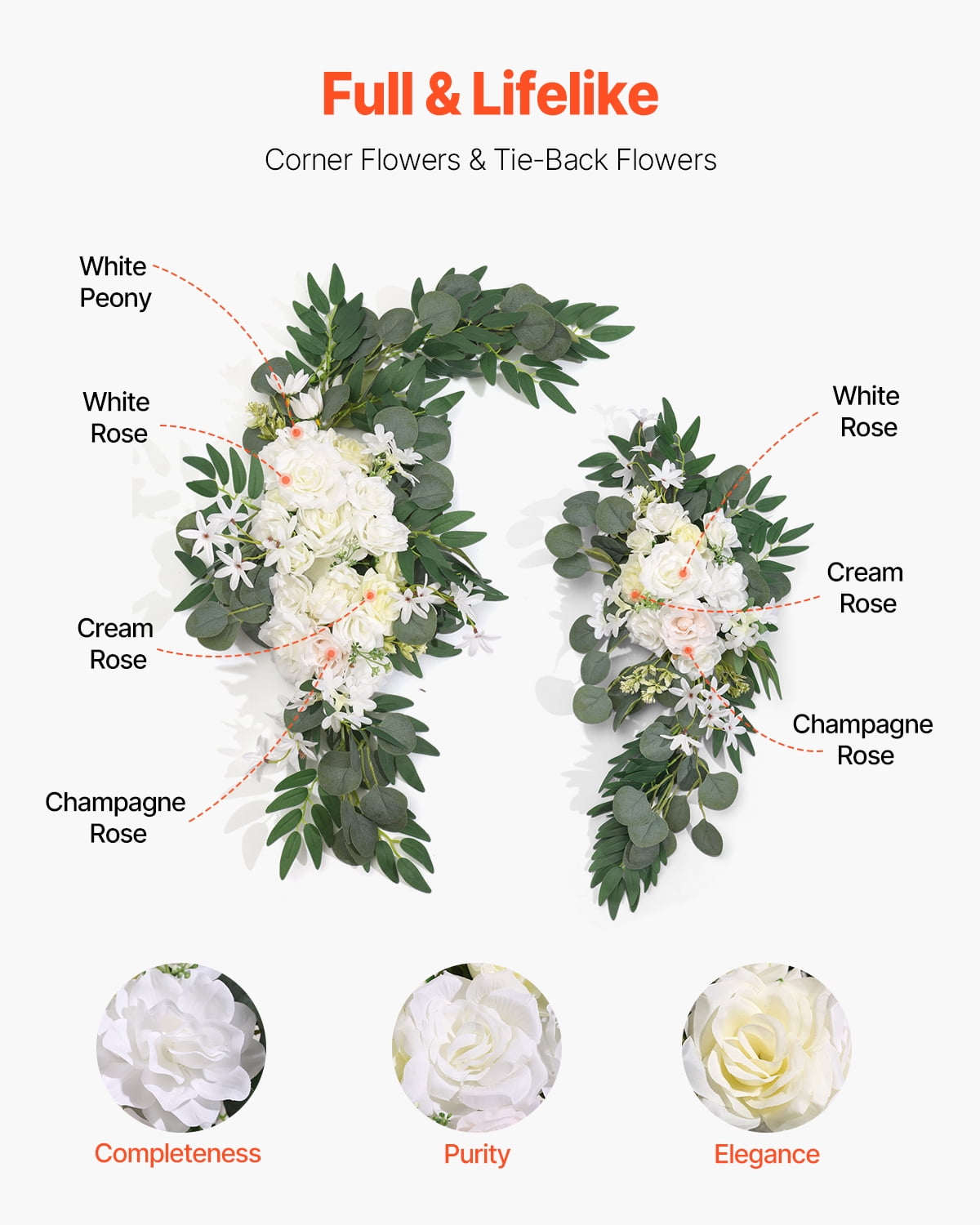 VEVOR Artificial Wedding Arch Flowers Kit, White Wedding Arch Flowers with Drapes Kit (Pack of 3) - 2 Pcs Floral Arrangement, 1 Pcs Sheer Drapes, for Ceremony Bouquets Reception Backdrop Decoration