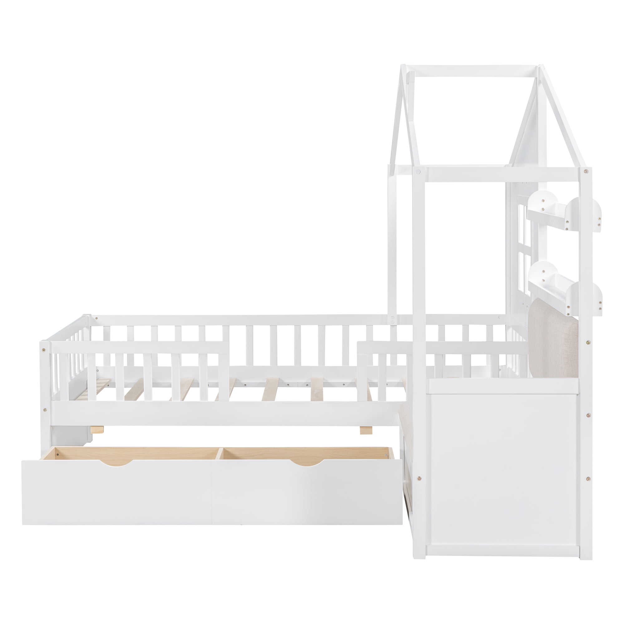 Harper & Bright Designs Twin Size House Bed with Sofa, Platform Bed with Two Drawers and Storage Shelf, White