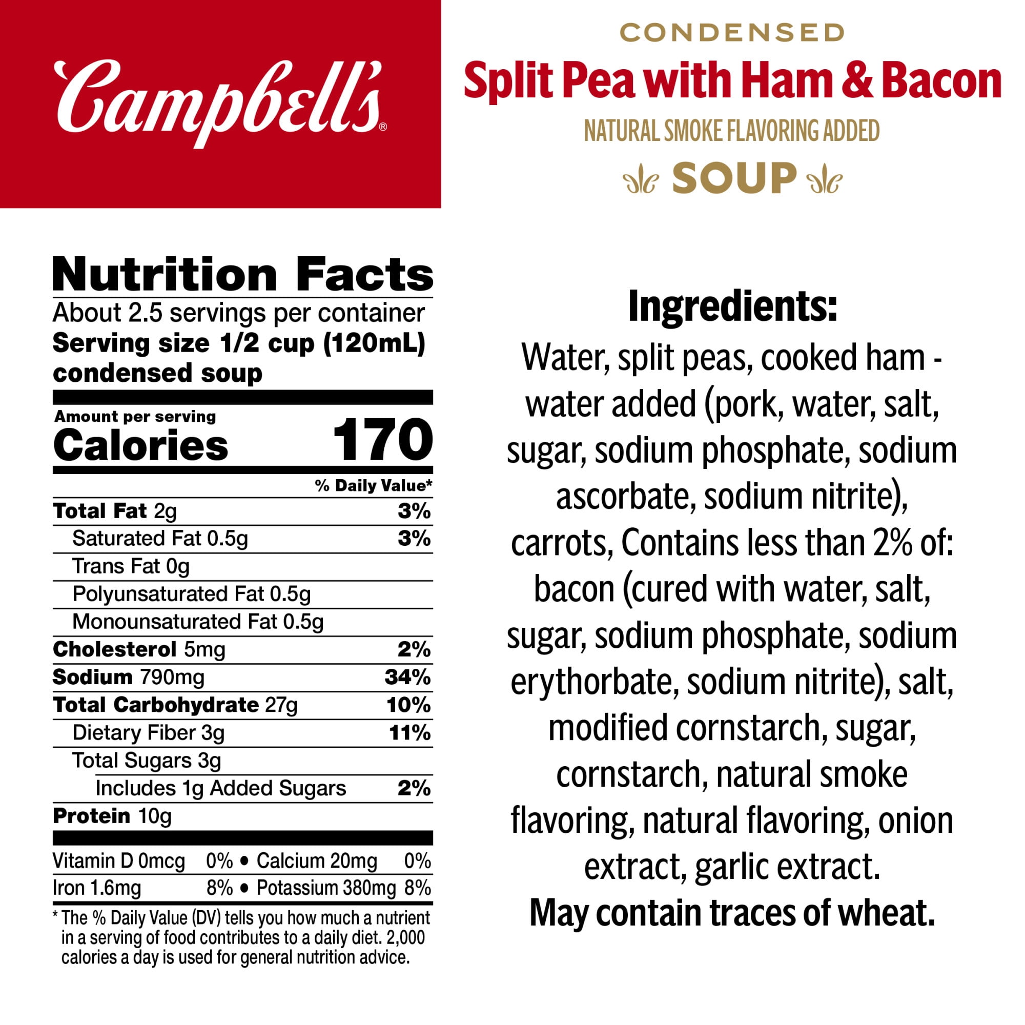 (4 pack) Campbell's Condensed Split Pea Soup with Ham and Bacon, Natural Smoke Flavoring Added, 11.5 oz Can
