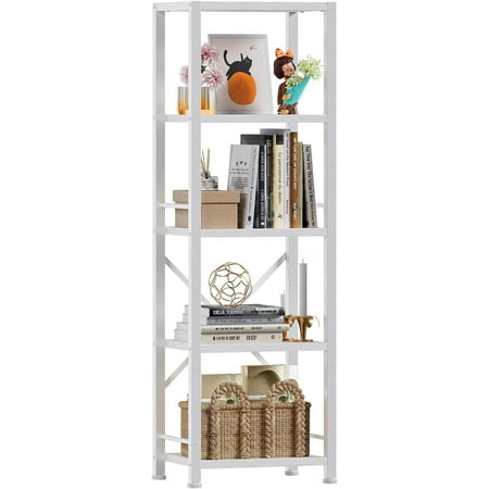 

Furologee White Bookshelf 5 Tier Bookcase Tall Narrow Bookshelves Modern Freestanding Shelf Units Metal and Wood Display Storage Corner Shelves Organizer for Bedroom Living Room Office Bathroom