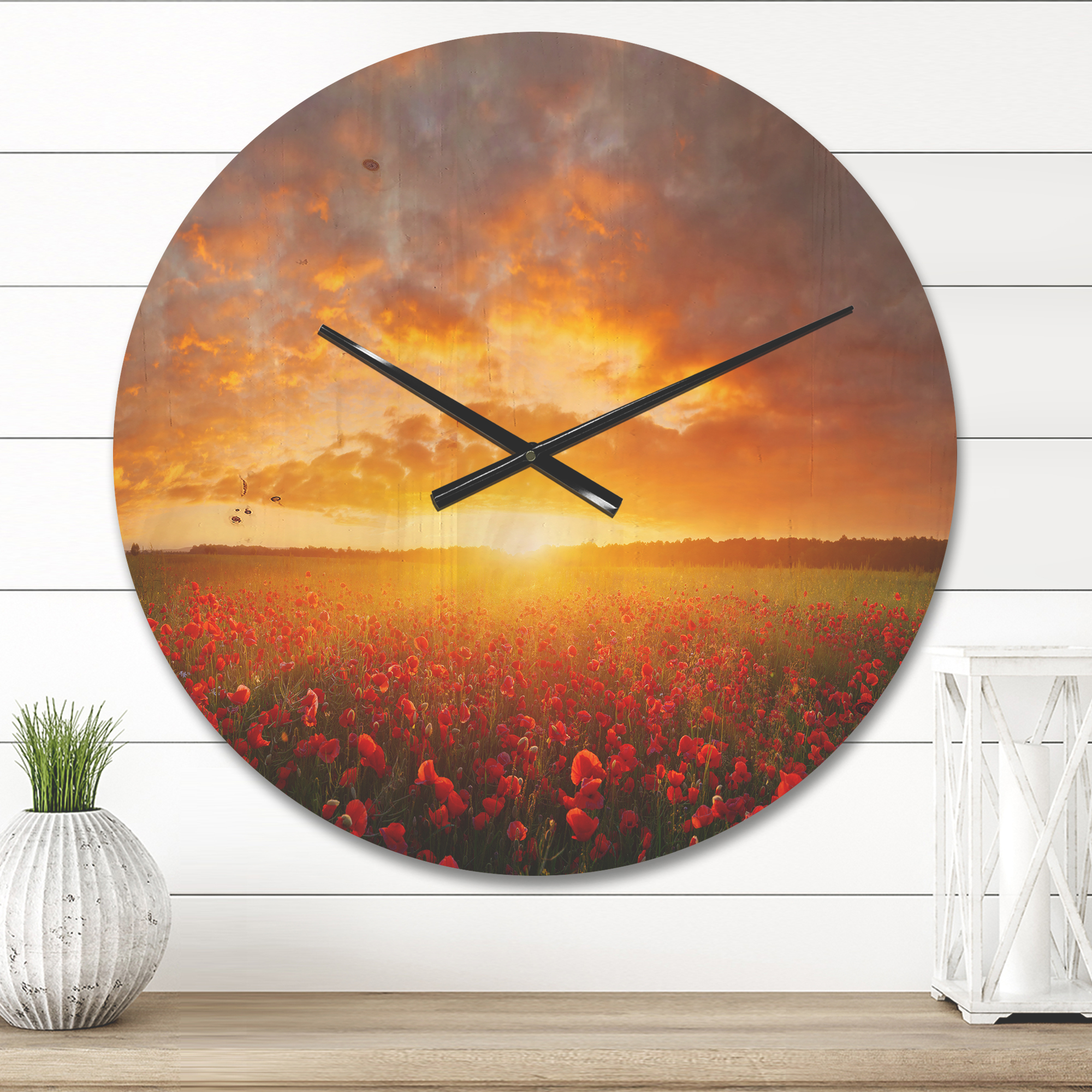 Designart 'Poppy Field under Bright Sunset Glow' Modern Wood Wall Clock