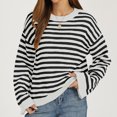 thumbnail image 4 of Women Crew Neck Horizontal Stripe Drop Shoulder Long Sleeve Loose Knit Sweater Fall Casual Pullover M, 4 of 5