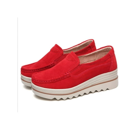 

Crocowalk Ladies Wedge Loafer Slip On Dress Shoe Mid Heel Loafers Womens Wedges Outdoor Fashion Comfort Walking Shoes Red 7