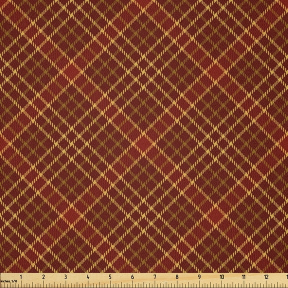 Ambesonne Orange Plaid Fabric by the Yard Microfiber, Warm Colored Squares, 3 Yards, Burgundy and Ruby