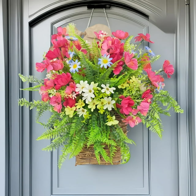 Cesta de corona de puerta de flores de primavera y verano - guirnalda artificial para decoración del hogar, bodas y uso festivo - Plástico duradero, letrero de bienvenida para interiores / exteriores