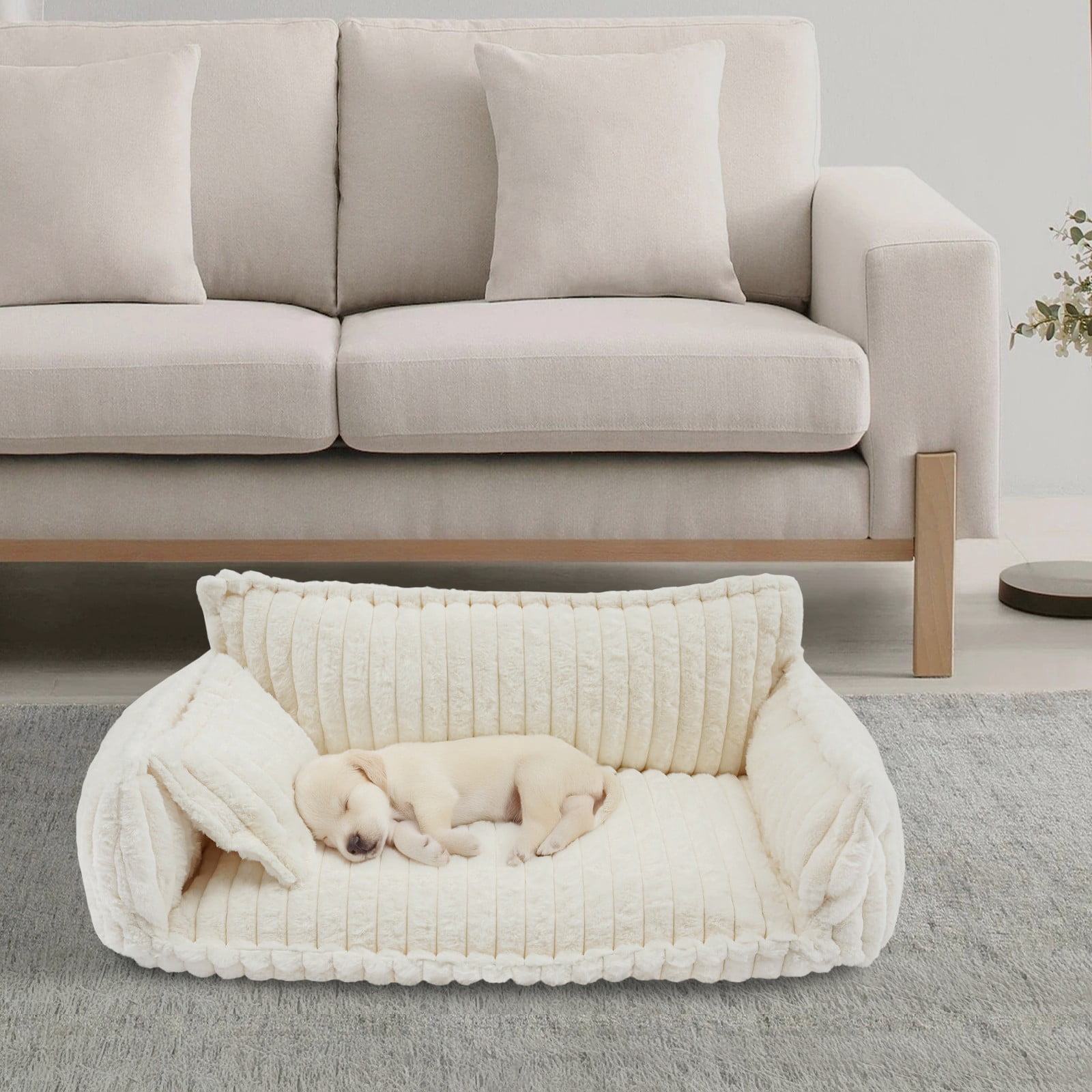 Dog Bed Sofa, XL Plush Pet Couch with Removable Washable Cover, Orthopedic Cushion & Pillow, Non-Slip Bottom for Large Dogs Cats, Modern Home Pet Furniture, White