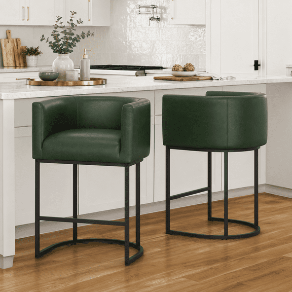 ClinQ 26" Counter Height Bar Stools Set of 2, PU Leather Barrel Bar Chairs with Back and Arms for Kitchen Island, Darkgreen
