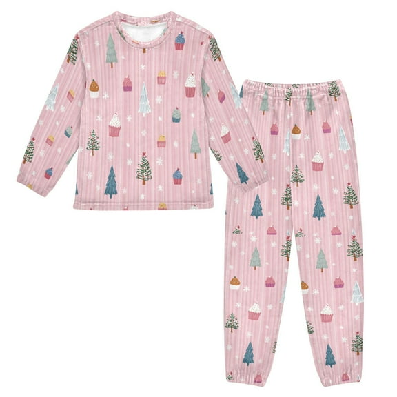 Fluffy Pajamas Set Fuzzy Winter Warm Pj Sets Pullover Tops and Long Pants Pink Christmas Pattern X-Small