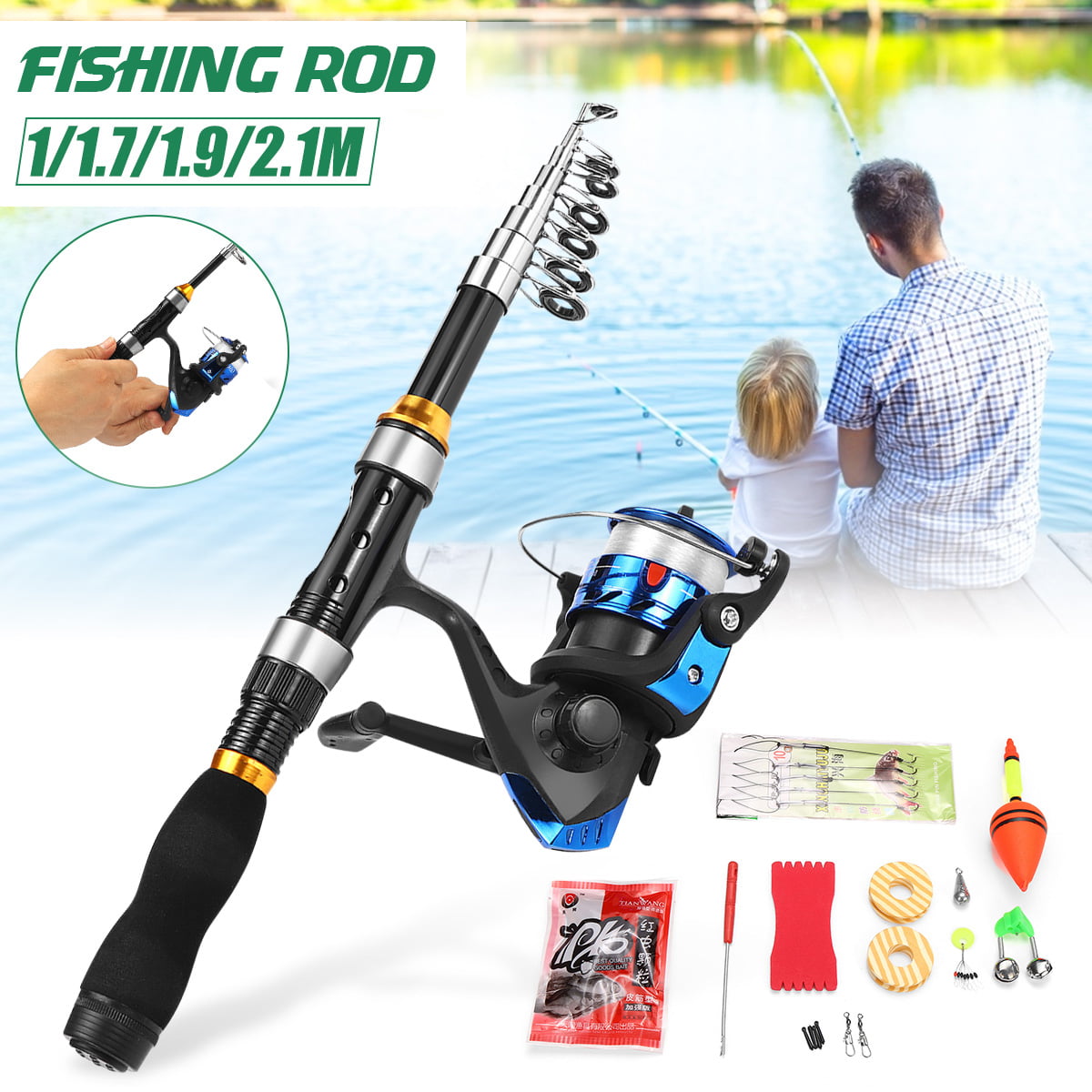 Tackle Set 1.7m Carbon Fiber Spinning Fishing Rod and Reel Combo Set Hand Pole 
